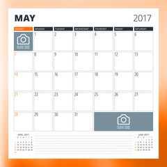 Calendar Template for May 2017. Week Starts Sunday. Design Print Template. Vector Illustration Isolated