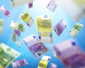 euro bills falling, money raining fom the sky, concept of success, luck and winning