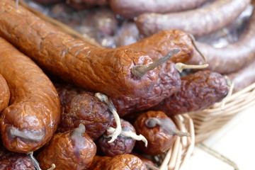 traditional sausages sold on a market