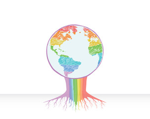 Tree in rainbow earth. Abstract tree in doodle style. Environment concept design for earth day.