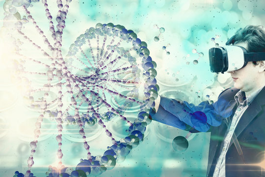 double exposure of doctor researcher medic with VR glasses analyzing DNA helix simulating CRISPR research technique  