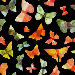 Seamless pattern with watercolor butterflies on black