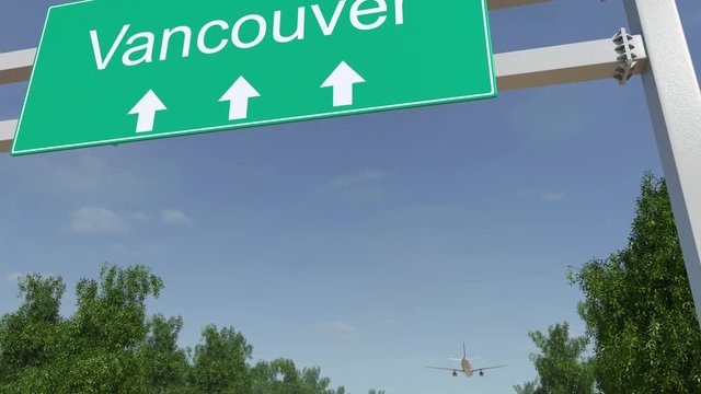 Airplane arriving to Vancouver airport. Travelling to Canada conceptual 4K animation