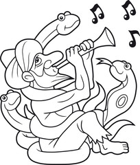 Cartoon snake charmer plays on the pipe
