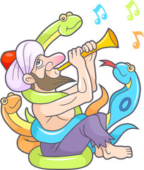 Cartoon snake charmer plays on the pipe

