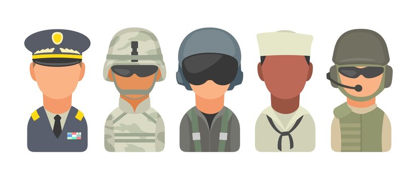 Set icon character military people. Soldier, officer, pilot, marine, sailor, trooper