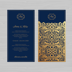 Fototapeta premium Wedding invitation or greeting card with vintage ornament. Paper lace envelope template. Wedding invitation envelope mock-up for laser cutting. Vector illustration.