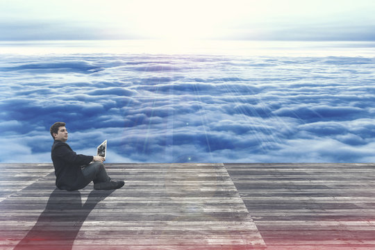 Double Exposure of Young businessman wearing VR glasses and virtual reality 