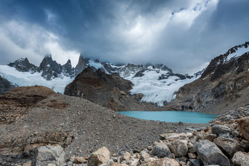 Laguna de Los Tres at base of Mount Fitz Roy in Patagonia in Argentina on a cloudy day