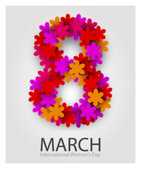 8 March. Beautiful flower number. Red Floral Greeting card. International Happy Womens Day.