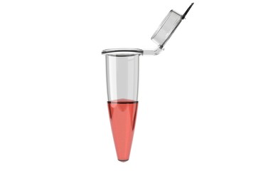 Research Vial with colored substances, laboratory glassware, opened vial,  Medical glass vial for...