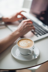 Woman using a laptop during a coffee break, hands close up.