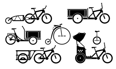 Black and white set of utility bicycles and tricycles silhouette icons. Vector isolated clipart © andriocolts