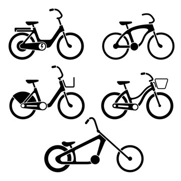 Black and white set of bicycles silhouette icons. Vector isolated clipart