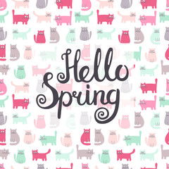 Hello spring lettering. Vector hand drawn inspirational quote for your design. Good for posters, cards, labels. On background with cute color cats.