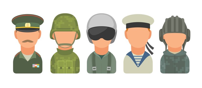 Set Icon Character Russian Military People. Soldier, Officer, Pilot, Marine, Trooper, Sailor. Vector Flat Illustration On White Background