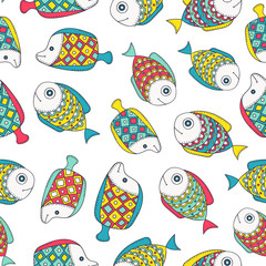 Cute doodle fish. Vector seamless pattern with hand drawn sea dweller. Color fish with doodle ornament. On white background.