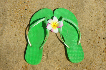 green flip flops on the sand