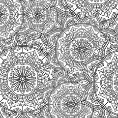 Doodle pattern with ethnic mandala ornament. Black and white illustration. Outline. Coloring page for coloring book. - 143344363