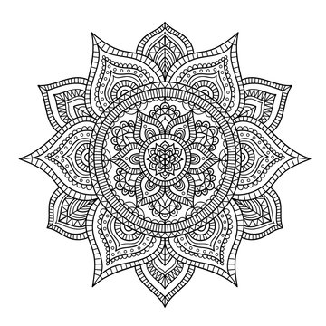 Vector hand drawn doodle tribal mandala. Ethnic mandala with ornament and dots. Isolated. Black and white colors. Outline. Coloring page for everybody.