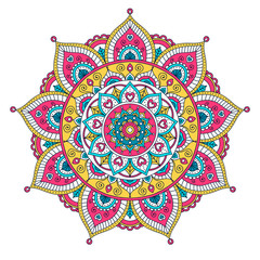 Wektorowa ręka rysująca doodle mandala z sercami. Etniczne mandali z kolorowym ornamentem. Odosobniony. Kolory różowy, biały, żółty, niebieski. Na białym tle. - 143344551