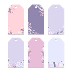 Set of six printable tags with hand drawn decor. Isolated. Collection of doodle spring label. Floral design, vector illustration. Pastel colors - pink, violet, lilak, yellow and white. - 143344565