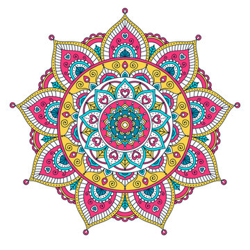 Vector hand drawn doodle mandala with hearts. Ethnic mandala with colorful ornament. Isolated. Pink, white, yellow, blue colors. On white background.