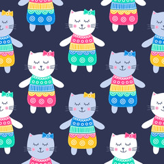 Cute kittens. Vector seamless pattern with hand drawn flat cat girls in dress. Childish background. Bright colors - yellow, pink, green, blue, white. On black background.