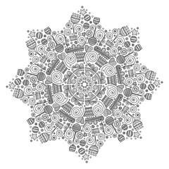 Vector ornament with flowers, hearts, stars, rounds. Doodle hand drawn coloring page for adult. Abstract illustration for anti stress coloring book. On white background.