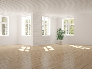 Fototapeta na wymiar White empty room with green landscape in window. Scandinavian interior design. 3D illustration