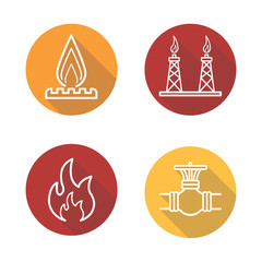 Gas production flat linear long shadow icons set