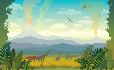 Prehistoric animals and landscape. Silhouette of dinos.