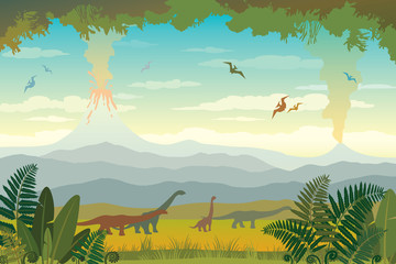 Prehistoric animals and landscape. Silhouette of dinos. - 143345166