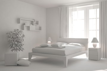 White modern bedroom. Scandinavian interior design. 3D illustration