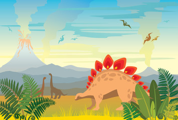 Prehistoric landscape with volcanos and dinos. © Natali Snailcat
