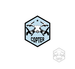 Isolated hexagon shape blue color quadrocopter logo on white background, unmanned aerial vehicle logotype, rc drone vector illustration