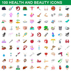 100 health and beauty icons set, cartoon style