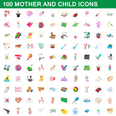 100 mother and child icons set, cartoon style