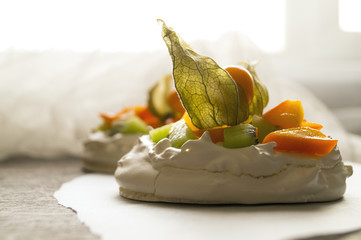 dessert meringue on wooden background
