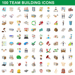 100 team building icons set, cartoon style