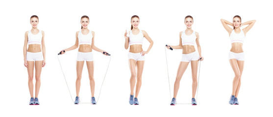 Collage of young and fit women in white sporty lingerie