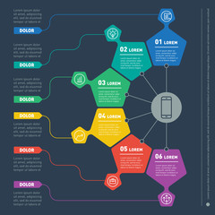 Business presentation concept with 6 options. Web Template of a info chart or diagram. Vector infographics of technology or education process. Part of the report with icons set.