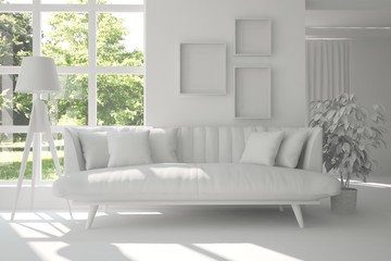White room with sofa and green landscape in window. Scandinavian interior design. 3D illustration