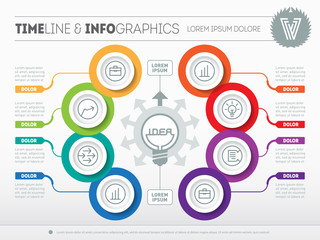 Vector infographic of technology or education process. Business concept with 8 options - from idea to final product. Web Template of a circle info chart, diagram. Part of the report with icons set.
