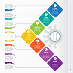 Business presentation with 7 options. Web Template of a info chart or diagram. Vector dynamic infographics of technology or education process. Part of the report with simple geometric elements.