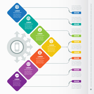 Business presentation with 7 options. Vector dynamic infographics of technology or education process. Part of the report with simple geometric elements. Web Template of a info chart or diagram.