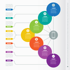 Fototapeta na wymiar Business presentation with 7 options. Web Template of a info chart, mindmap or diagram. Part of the report with simple geometric elements. Vector dynamic infographics of technology process.