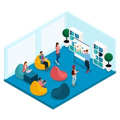 Trendy Isometric people and gadgets, room coworking center, an office for education, training, armchairs, laptop, working freelancers, artists, programmers ar