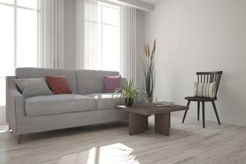 White modern room with sofa. Scandinavian interior design. 3D illustration
