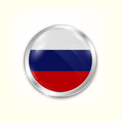 Round button national flag of Russia with the reflection of light and shadow. Icon country. Realistic vector illustration.